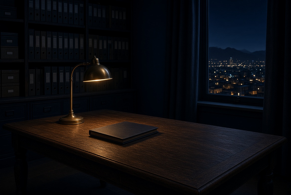 A lamp on a records table at night